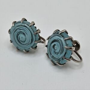 VINTAGE Coro Signed Blue Glass Swirl Prong Set Silver Tone Clip-On Earrings
